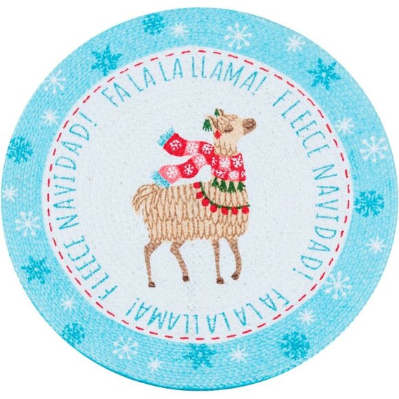 Placemat Kay Dee Designs Fa La La Llama Braided Round 14.5 "  White aqua blue - Picture 2 of 2